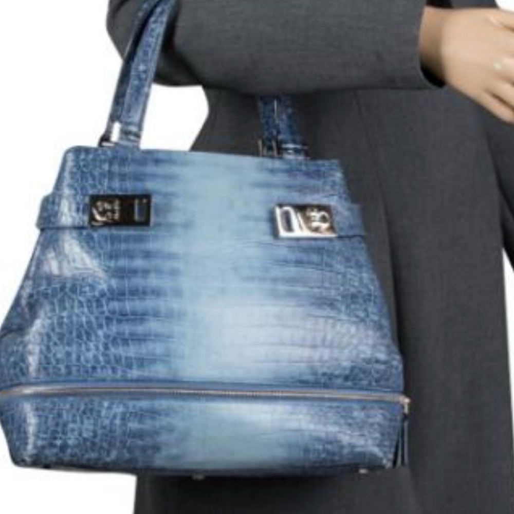 Ferragamo vintage cabas blue croco embossed leather bag with silver hardware